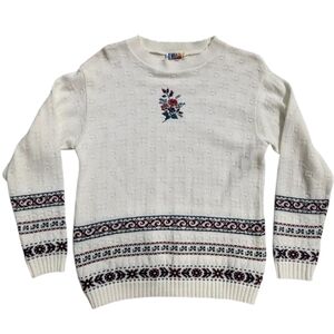 Vintage Embroidered Rose Detailed Knit Sweater with Scalloped Neck Woman's Small